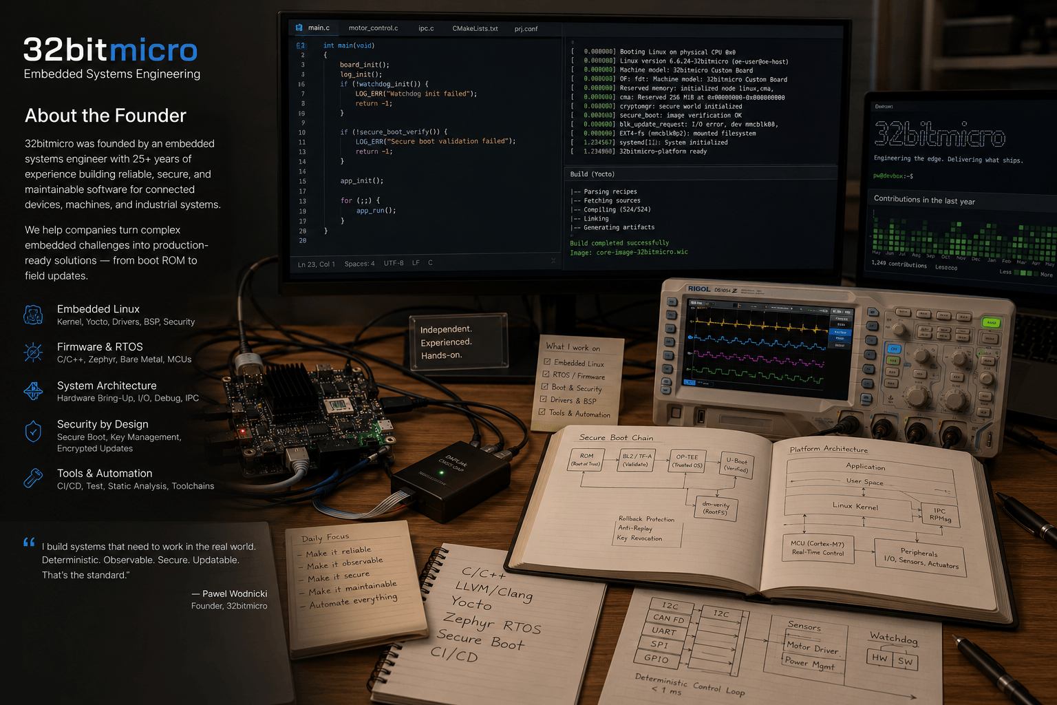 Embedded engineering workbench with code, diagnostics, oscilloscope traces, and system architecture notes.