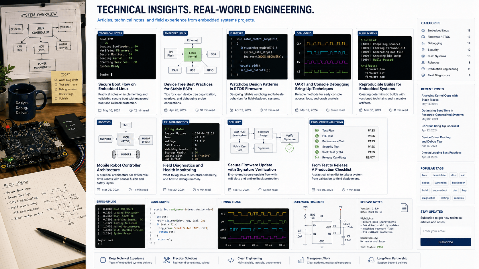 Technical notes workspace with embedded system diagrams, boot logs, signal traces, and article cards.