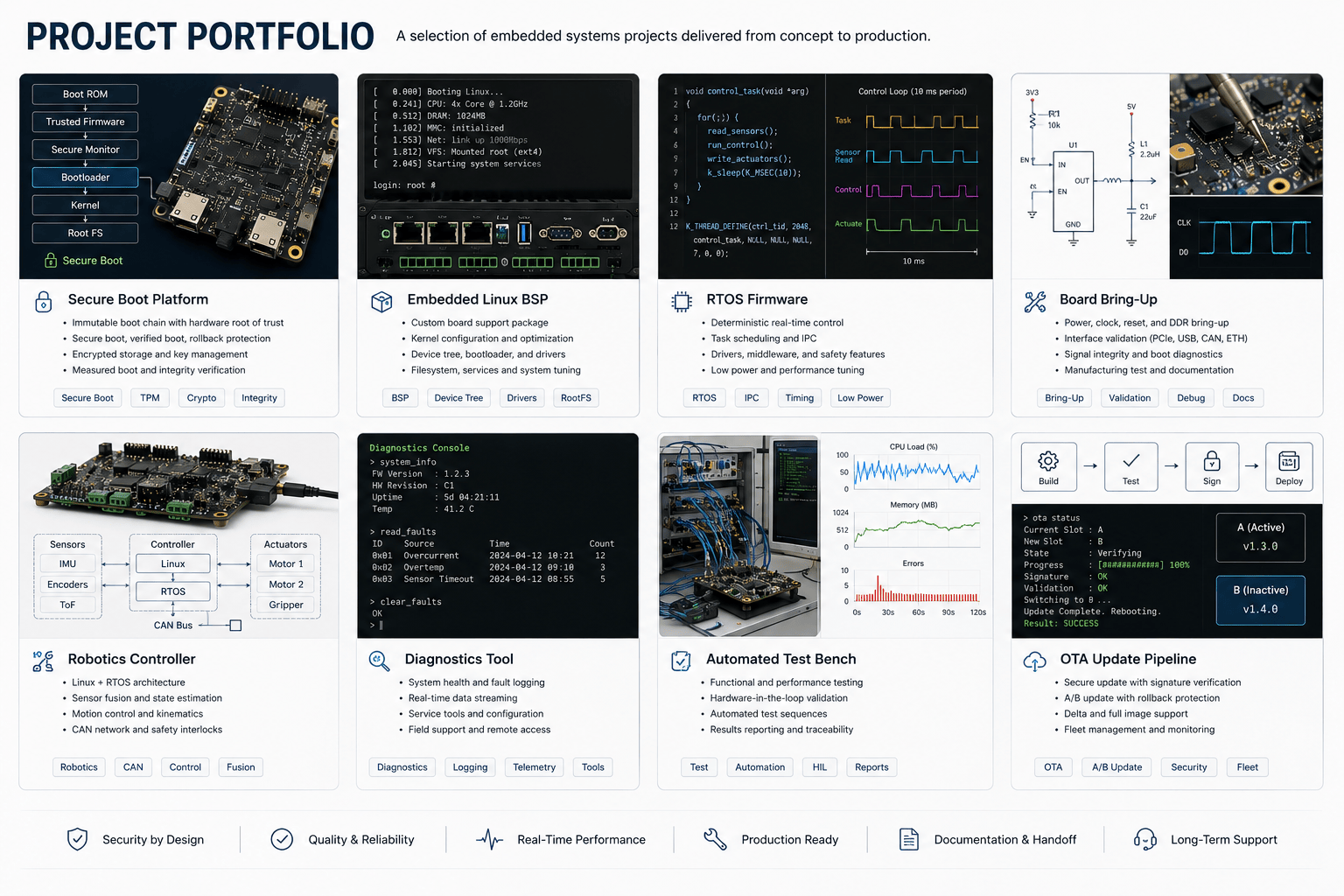 Portfolio overview of embedded systems projects including secure boot, BSP, RTOS, diagnostics, test bench, and OTA update work.