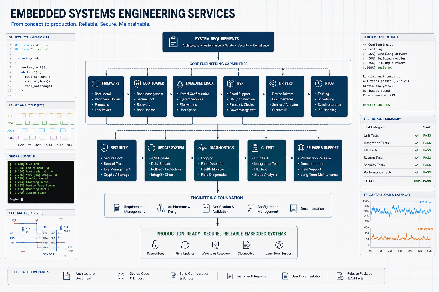Embedded systems engineering services map covering firmware, bootloader, Embedded Linux, BSP, drivers, RTOS, security, updates, diagnostics, CI, and release support.